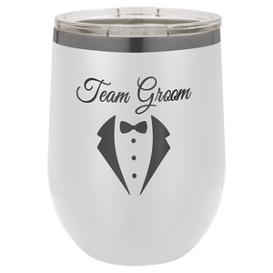 Introducing the Kodiak Coolers NEW ION Plated Tumbler, custom engraved with "Team Groom" and featuring a tuxedo graphic, in the special engraving colors of Ghost Black & Rose Gold—a perfect personalized gift for the groom's crew.