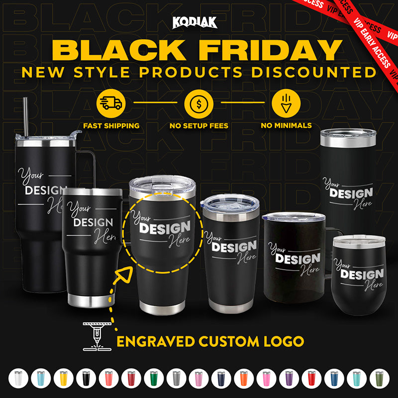 Eight customizable Kodiak Coolers drink tumblers and cups, engraved with your logo, are showcased under a BLACK FRIDAY SALE banner—no setup fee, one-sided logo included, featuring fast shipping on new black products.