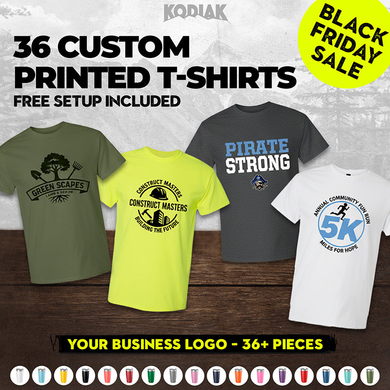 Promote your brand with a pack of 36 Gildan 5000 Heavy 100% Cotton Custom T-Shirts, each featuring your screen-printed logo—perfect for Black Friday deals with free setup included!.