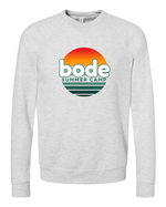The designerapp Bode Summer Bootcamp "OG Logo" Unisex Crewneck BC Fleece Raglan Sweatshirt 3901 is light gray, pre-shrunk, and features a circular sunset graphic with "bode SUMMER CAMP" text on the front.