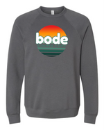 The designerapp Bode Summer Bootcamp "OG Logo" unisex crewneck BC Fleece Raglan Sweatshirt 3901 in charcoal gray features a pre-shrunk fabric and retro sunset graphic with "bode summer camp" text on the front.