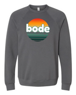The designerapp Bode Summer Bootcamp "OG Logo" Unisex Crewneck BC Fleece Raglan Sweatshirt 3901 is a dark gray, pre-shrunk cotton sweatshirt featuring a sunset graphic and "bode SUMMER CAMP '24" text on the front.