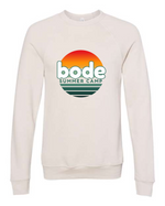 The designerapp Bode Summer Bootcamp "OG Logo" Unisex Crewneck BC Fleece Raglan Sweatshirt 3901 features a sunset logo in orange, red, and green on the front and is made from soft Airlume combed cotton for a perfect fit.