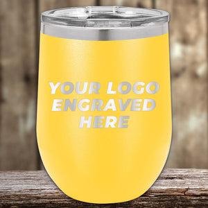 Yellow insulated stainless steel wine tumbler with customizable engraving area displayed on a wooden surface. (Custom Wine Cups 12 oz with your Logo or Design Engraved - Special Bulk Wholesale Pricing by Kodiak Coolers)