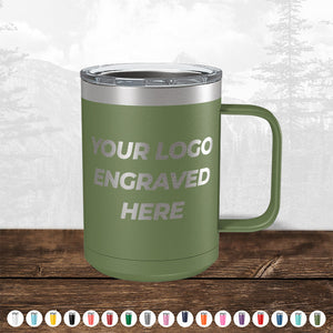 A Custom Coffee Mugs 15 oz with your Logo or Design Engraved - Special Bulk Wholesale Volume Pricing by Kodiak Coolers, featuring vacuum-sealed insulation technology.