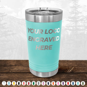 Blue stainless steel Custom Pint Tumblers 16 oz with Slider Lid your Logo or Design Engraved - Special Bulk Wholesale Pricing displayed on a wooden surface. (Brand: Kodiak Coolers)