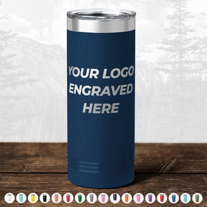 The Kodiak Coolers Custom Drinkware features a stainless steel tumbler with a blue finish and the text "YOUR LOGO ENGRAVED HERE" prominently displayed on the side. This personalized item serves as an excellent promotional gift. Enjoy browsing various color options shown below the tumbler. Don't miss out on our HUGE LABOR DAY SALE - ENDS TODAY!