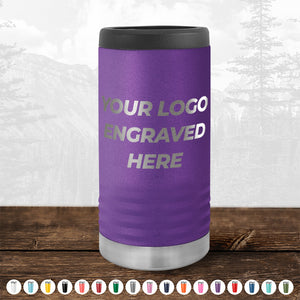 A slim purple tumbler made of insulated stainless steel, perfect for custom logo engraving, like the Custom Slim Seltzer Can Holder with your Logo or Design Engraved - Special Bulk Wholesale Volume Pricing by Kodiak Coolers.