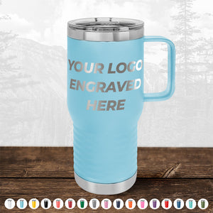 A light blue insulated tumbler with a handle and "TODAY ONLY - Hump Day Sale - Your Logo Engraved on Drinkware - Single Side Engraving Included in Price - Slider Lids Included" text, displayed against a blurred forest background. Custom printed with logo options shown below by Kodiak Coolers.