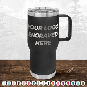 A custom printed Kodiak Coolers metallic travel mug with a handle, featuring the placeholder text "your logo engraved here" against a blurred forest backdrop.