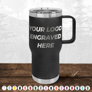 BLACK FRIDAY SALE: Kodiak Coolers custom black insulated travel mug with handle and clear lid, engraved with your logo (no setup fee). 1 side logo included. Makes a perfect promotional gift—see color options below.