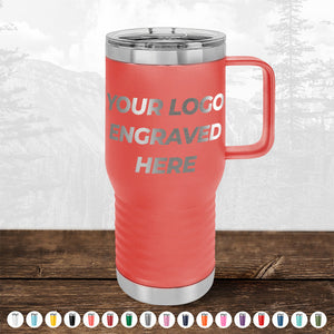 Red insulated tumbler with a handle on a wooden surface, displaying "TODAY ONLY - Custom Logo Drinkware Sale - Your Logo Laser Engraved INCLUDED in Price - No Hidden Fee's" text, with blurred mountain background by Kodiak Coolers.
