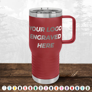 A red insulated tumbler with a custom logo engraving, displayed against a blurred mountain background from TODAY ONLY - Custom Logo Drinkware Sale by Kodiak Coolers.