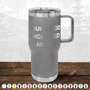 A Kodiak Coolers stainless steel travel mug with a handle and "TODAY ONLY - Hump Day Sale - Your Logo Engraved on Drinkware - Single Side Engraving Included in Price - Slider Lids Included" text, displayed on a wooden surface with a blurry mountain background, perfect as a promotional gift.