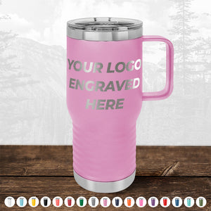 A pink insulated promotional gift travel mug with a handle, featuring the text "TODAY ONLY - Custom Logo Drinkware Sale - Your Logo Laser Engraved INCLUDED in Price - No Hidden Fee's" in the center, set against a misty forest background. Multiple color options are shown below the mug from Kodiak Coolers.