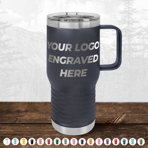 A promotional gift travel mug with "your logo engraved here" text, shown against a blurred mountainous background from TODAY ONLY - Custom Logo Drinkware Sale by Kodiak Coolers.