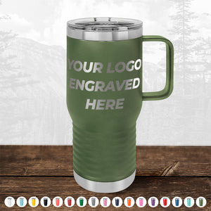 A green insulated travel mug from Kodiak Coolers, with "your custom logo here" text, resting on a wooden surface against a mountainous backdrop.