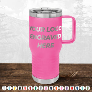 Pink custom mug with handle and "TODAY ONLY - Custom Logo Drinkware Sale - Your Logo Laser Engraved INCLUDED in Price - No Hidden Fee's" text, displayed on a wood surface with a blurred forest background by Kodiak Coolers.