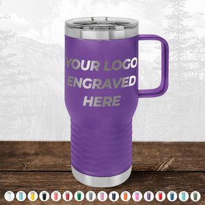 A purple insulated travel mug with "your logo engraved here" text, displayed as a promotional gift from TODAY ONLY - Custom Logo Drinkware Sale - Your Logo Laser Engraved INCLUDED in Price - No Hidden Fee's against a misty forest backdrop. Featuring a range of color options by Kodiak Coolers.