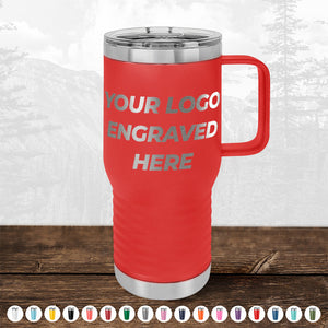 A red insulated travel mug with a handle and "TODAY ONLY - Custom Logo Drinkware Sale - Your Logo Laser Engraved INCLUDED in Price - No Hidden Fee's" text, displayed on a wooden surface against a mountain backdrop, perfect as a promotional gift from Kodiak Coolers.