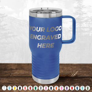 A blue insulated tumbler with a handle featuring the text "TODAY ONLY - Hump Day Sale - Your Logo Engraved on Drinkware - Single Side Engraving Included in Price - Slider Lids Included" on it, placed on a wooden surface with a blurred mountainous background. (Brand: Kodiak Coolers)