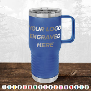 A Kodiak Coolers BLACK FRIDAY SALE travel tumbler with a handle, engraved with "Your Logo," sits on wood before mountain scenery. Custom drinkware—1 side logo included, no setup fee. Ideal as personalized mugs or a promotional gift; more colors below.