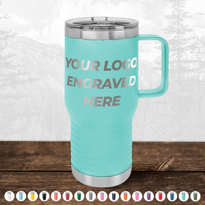 A teal insulated travel mug with a handle and "TODAY ONLY - Custom Logo Drinkware Sale - Your Logo Laser Engraved INCLUDED in Price - No Hidden Fee's" text, displayed on a wooden surface against a blurred mountain background, perfect as a promotional gift by Kodiak Coolers.