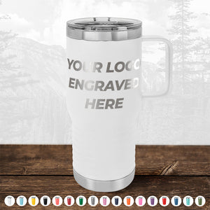 A white insulated Kodiak Coolers custom mug with a handle, displaying "your logo engraved here" text, set against a faded forest background.