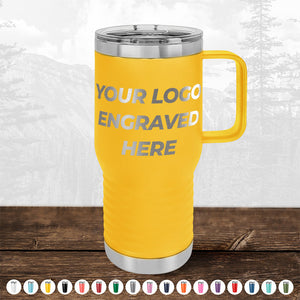 Yellow insulated travel mug with a handle custom printed with your logo - TODAY ONLY - Hump Day Sale - Your Logo Engraved on Kodiak Coolers Drinkware - Single Side Engraving Included in Price - Slider Lids Included on a wooden surface, with a faded forest background.
