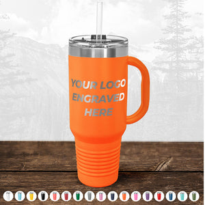 Orange insulated tumbler with a handle and straw, featuring the text "your custom logo engraved here", displayed against a faded forest background.
Product Name: TODAY ONLY - Kodiak Coolers Custom Logo Drinkware Sale - Your Logo Laser Engraved INCLUDED in Price - No Hidden Fee's