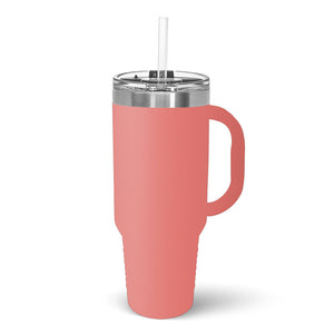 A pink Kodiak Coolers 40 oz Travel Tumbler with Built in Handle and Straw, isolated on a white background, designed as a stainless steel vacuum insulated tumbler.