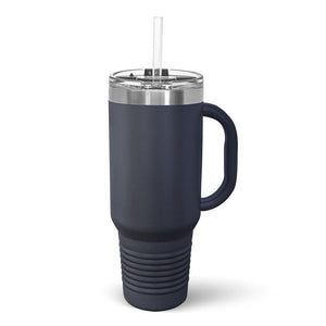 A navy blue Kodiak Coolers 40 oz insulated travel tumbler with a handle, stainless steel rim, and a clear straw against a white background.