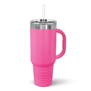A pink Kodiak Coolers laser-engraved insulated stainless steel Custom Travel Tumbler 40 oz with a customizable engraving area displayed on a wooden surface.