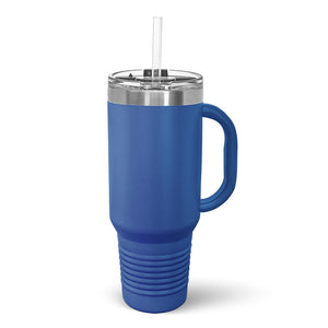A POD - 40 oz Travel Tumbler with Built in Handle and Straw - Stainless Steel Vacuum Insulated in blue, featuring a ribbed grip, displayed against a white background.