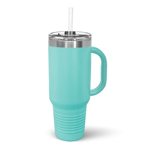 A teal Kodiak Coolers insulated stainless steel travel tumbler with a stainless steel straw and handle, set against a white background.