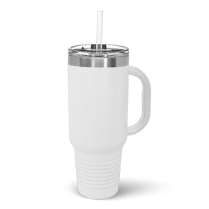 Insulated white stainless steel POD - 40 oz travel tumbler with built in handle and straw, stainless steel lid, isolated on a white background from Kodiak Coolers.