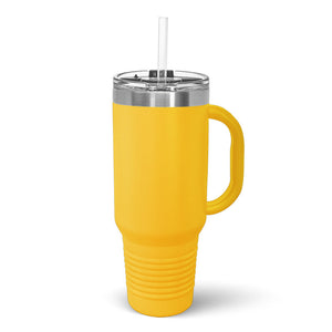 Yellow Kodiak Coolers vacuum-sealed insulated travel mug with customizable logo engraving, displayed on a wooden surface.