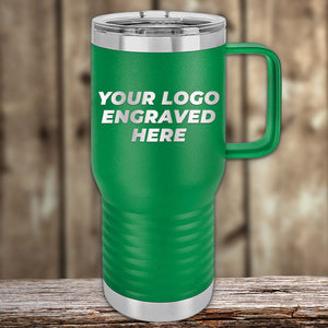 A Kodiak Coolers green insulated tumbler with a handle and a laser-engraved customizable logo area displayed on a wooden surface.