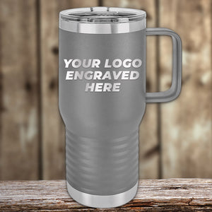 Laser-engraved insulated stainless steel Custom Travel Tumblers 20 oz with your Logo or Design Engraved - Special Bulk Wholesale Pricing displayed on a wooden surface. (Kodiak Coolers)