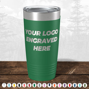 Kodiak Coolers' Custom Tumblers in green, shown with "YOUR LOGO ENGRAVED HERE" on the front, are ideal for personalized or promotional gifts. No setup fees and $200 minimal order. Multiple color options available.