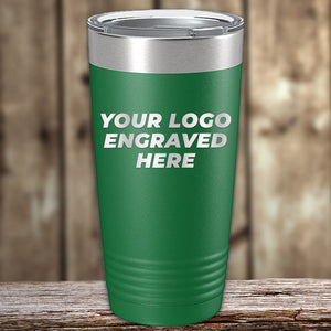 Green Kodiak Coolers 20 oz insulated tumbler with a silver rim on a wooden surface, featuring the text "your logo laser engraved here" in white.