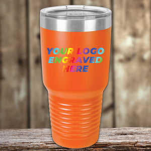 An orange tumbler with your custom logo UV printed, from Kodiak Coolers' Custom Tumblers - UV Printed with your Logo or Design in Full Color - LIMITED TIME OFFER - $250 Minimal Order.