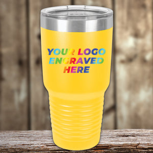 A Kodiak Coolers custom yellow tumbler with your logo engraved on it, perfect as a corporate promotional gift.