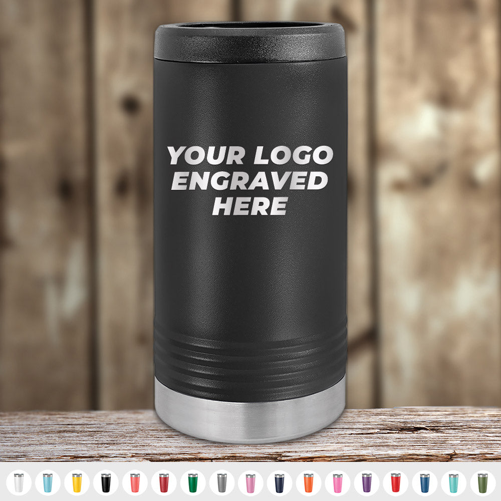 Kodiak Coolers' black insulated tumbler with your custom engraved logo is shown on a wooden surface. Check out 4th of July SALE—order drinkware and matching engraved can holders; $200 minimum order applies.