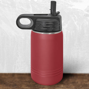 A Kodiak Coolers 12 oz water bottle with flip top straw features a laser-engraved Wisconsin Luxemburg Casco Spartans design—ideal school drinkware for fans.