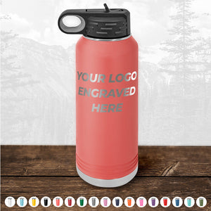 A red Kodiak Coolers insulated bottle with black lid, engraved with your logo, sits on wood with a nature backdrop and color options—BLACK FRIDAY SALE: custom drinkware, no setup fee, 1-side logo included—great paired with personalized mugs.