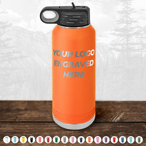 A Kodiak Coolers custom water bottle in vibrant orange, perfect for promoting your brand. Crafted from insulated stainless steel, this durable bottle features the words "your logo engraved here".