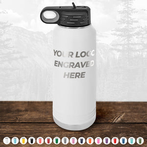 The Kodiak Coolers BLACK FRIDAY SALE Custom Drinkware features a white insulated water bottle with a black lid, engraved with "YOUR LOGO ENGRAVED HERE"—the perfect branded gift to complement your custom mugs. No setup fee; 1 side logo included.