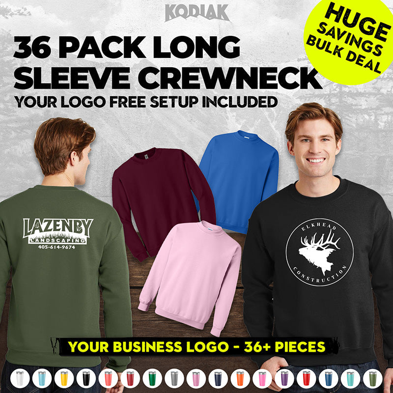 Showcase of (Pack of 36) Gildan Heavy Blend Crewneck Sweatshirt 18000, custom screen printed logo included—bulk deal with free logo setup and business branding.