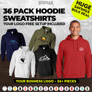 Promotional image displays five Gildan Heavy Blend™ 18500 hoodies with custom logos and a man in red; text promotes a 36-pack OEKO-TEX certified sweatshirt bulk deal with free custom screen printed logo setup.